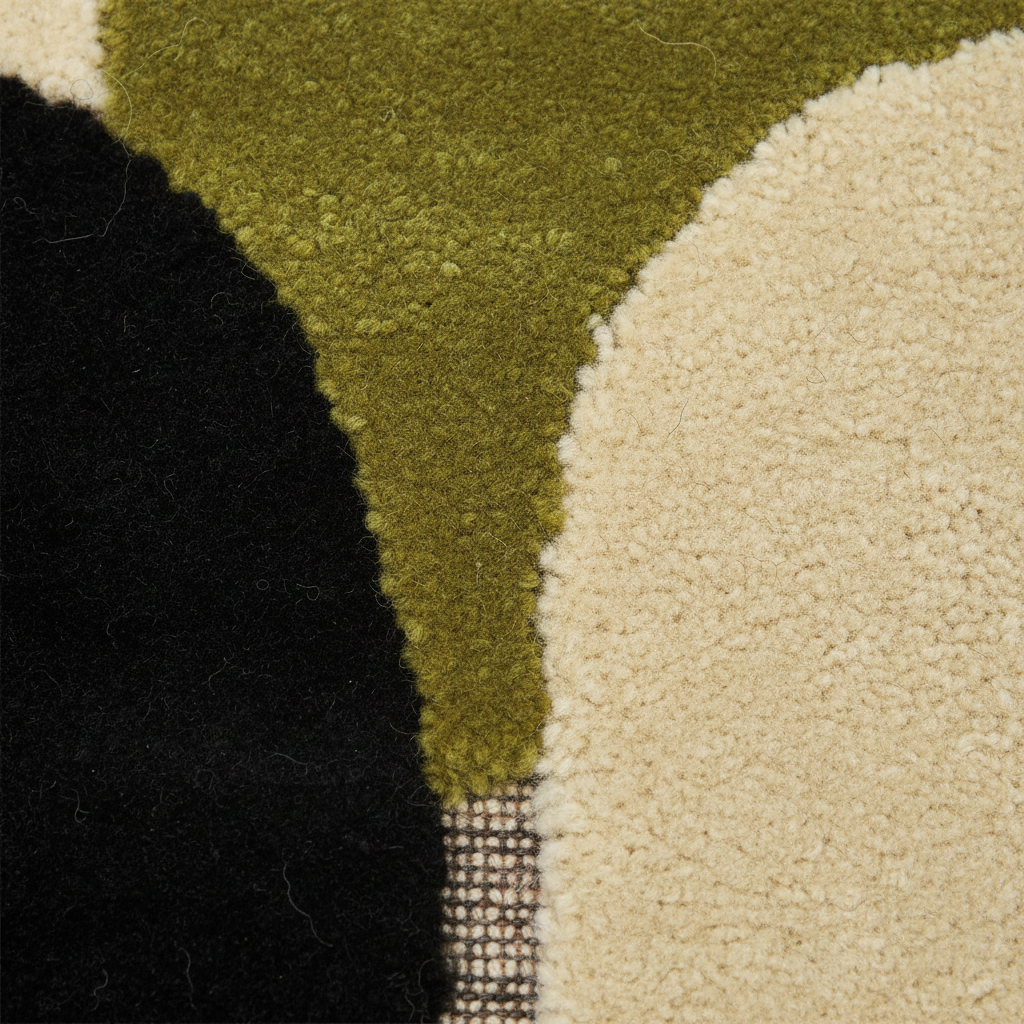 Close-up of a textured rug with green, beige, and black sections.