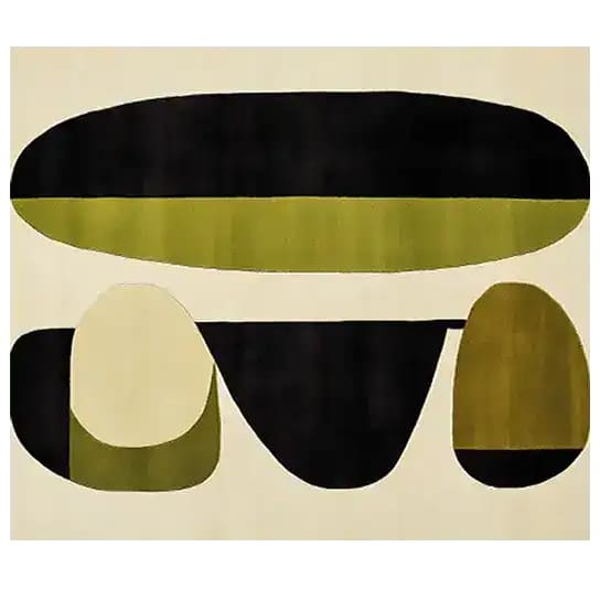 This image showcases a contemporary hand-tufted area rug with a unique abstract design, perfect for enhancing dining room aesthetics. The wool rug features bold geometric shapes in black and olive tones, making it an ideal choice for formal dining room settings. Its artistic pattern adds a modern touch, suitable for both living room and dining room rugs.