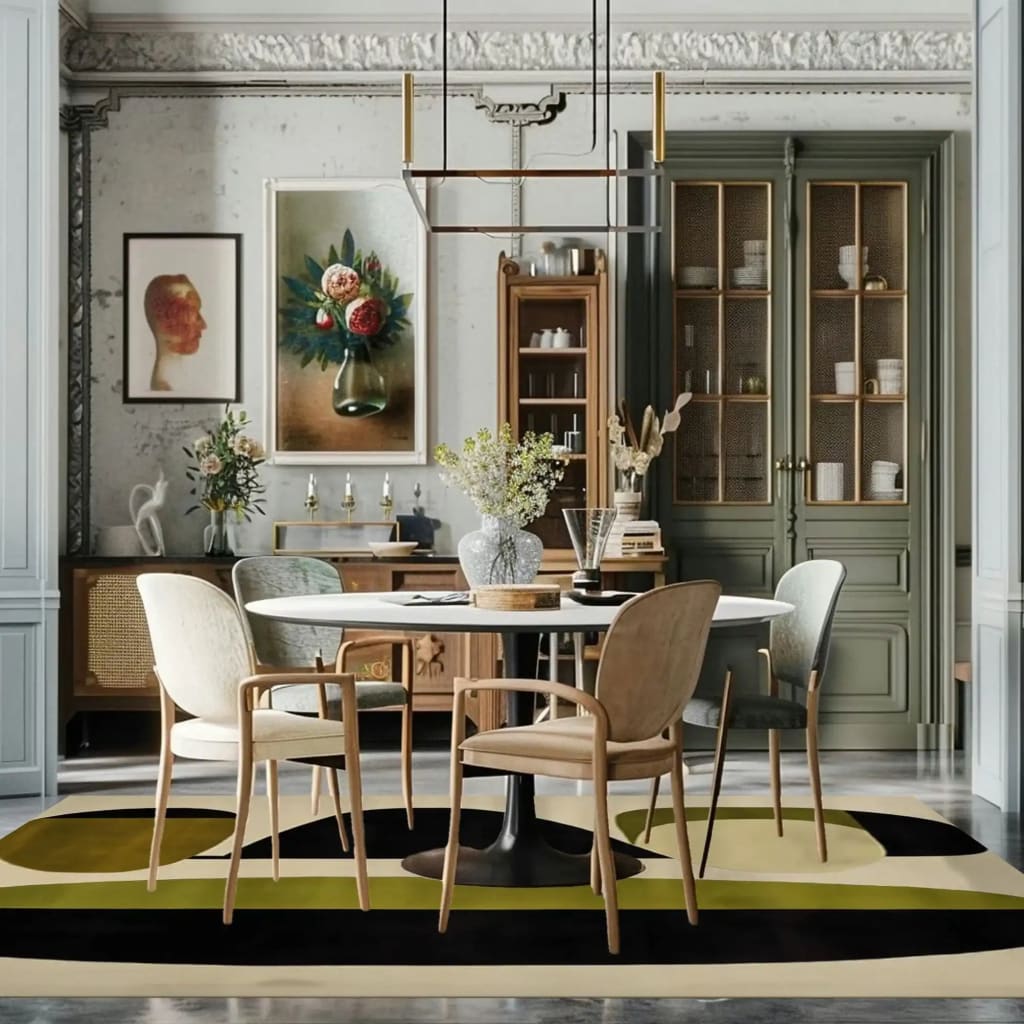 This elegant dining room features a contemporary hand-tufted wool area rug with abstract patterns in black and olive green tones, perfectly complementing the modern decor. The rug beautifully anchors a chic round dining table with stylish chairs, making it an ideal choice for both formal dining room settings and living room spaces.