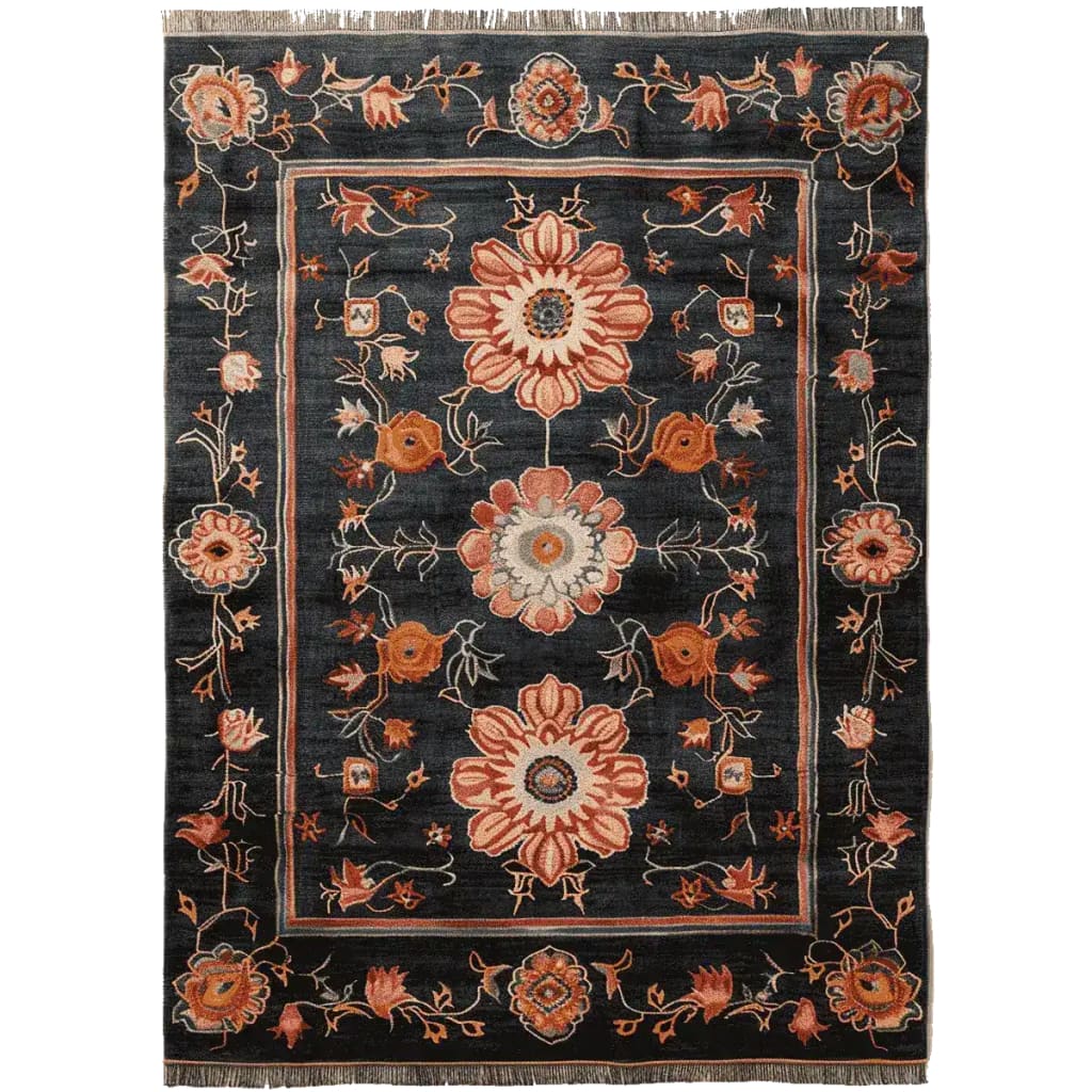 A luxurious Obsidian Floral Frame Hand Knotted Area Rug in a rich black hue, featuring intricate floral patterns in warm tones. This wool rug is perfect for adding elegance to living rooms, especially in the 8x10 size.
