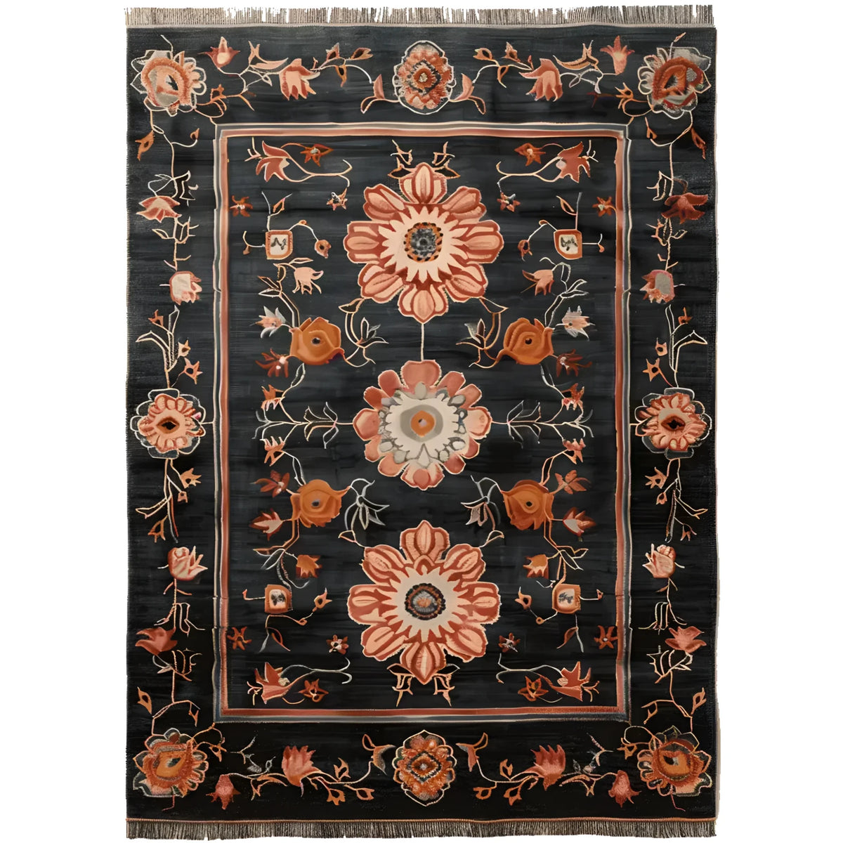 A luxurious Obsidian Floral Frame Hand Knotted Area Rug in a rich black hue, featuring intricate floral patterns in warm tones. This wool rug is perfect for adding elegance to living rooms, especially in the 8x10 size.