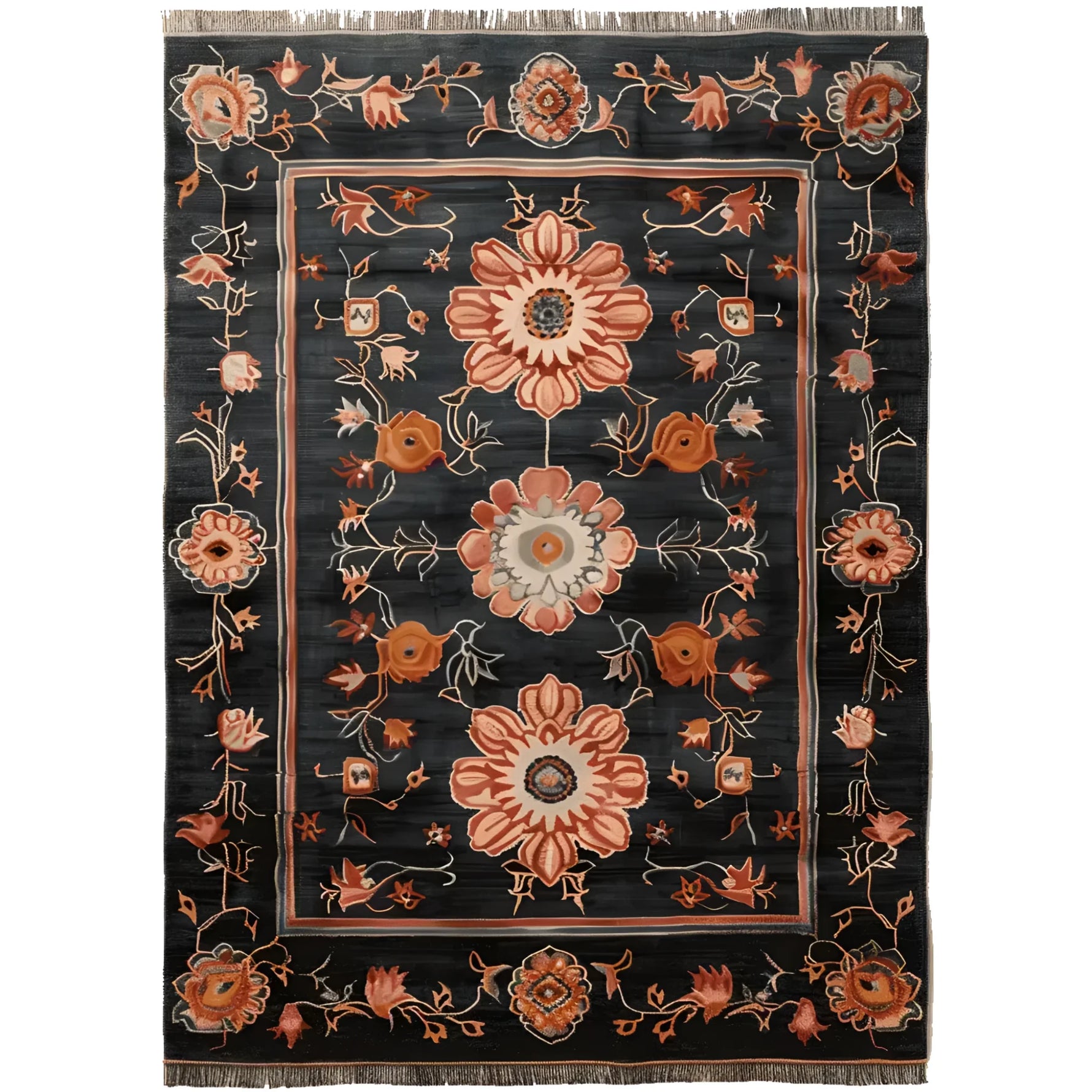 A luxurious Obsidian Floral Frame Hand Knotted Area Rug in a rich black hue, featuring intricate floral patterns in warm tones. This wool rug is perfect for adding elegance to living rooms, especially in the 8x10 size.