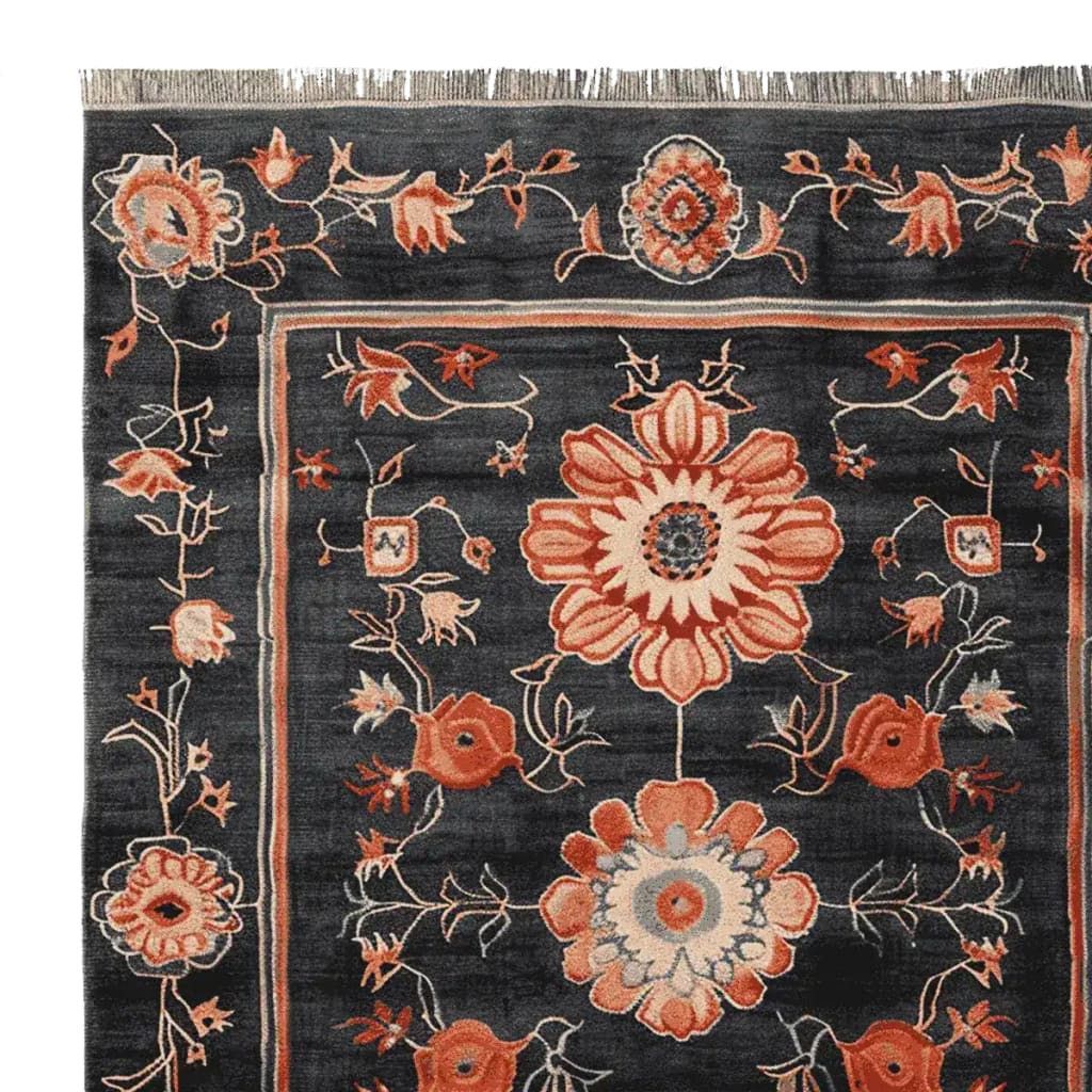 Close-up of the Obsidian Floral Frame Hand Knotted Area Rug, showcasing intricate floral patterns in warm hues on a dark backdrop. This wool rug is perfect as a living room rug measuring 8x10, adding elegance and style.