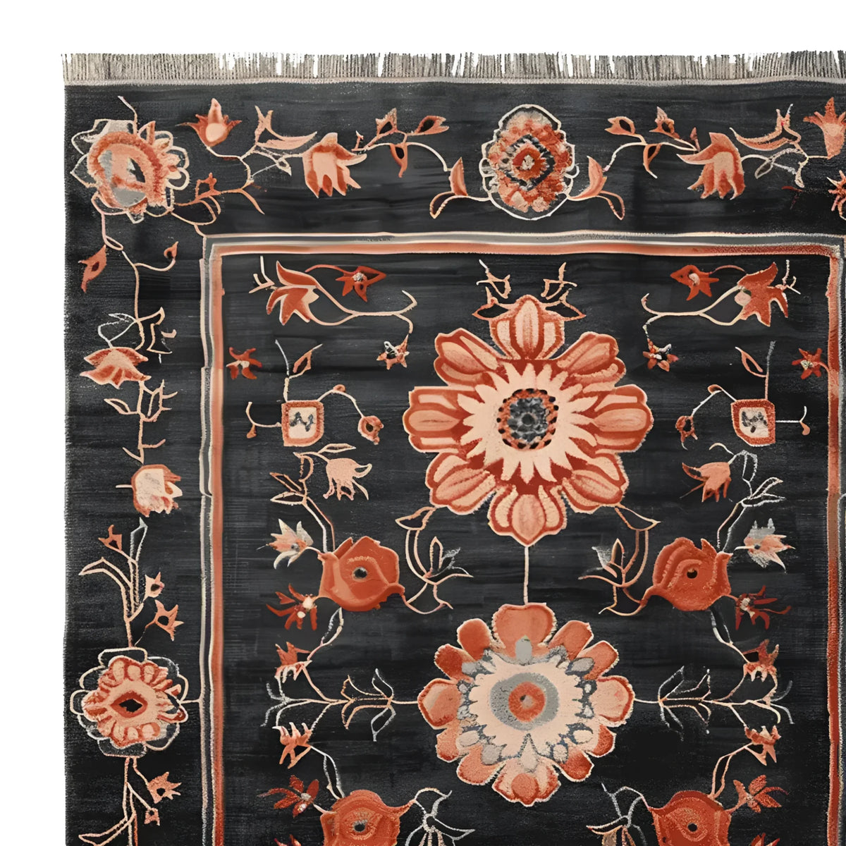 Close-up of the Obsidian Floral Frame Hand Knotted Area Rug, showcasing intricate floral patterns in warm hues on a dark backdrop. This wool rug is perfect as a living room rug measuring 8x10, adding elegance and style.