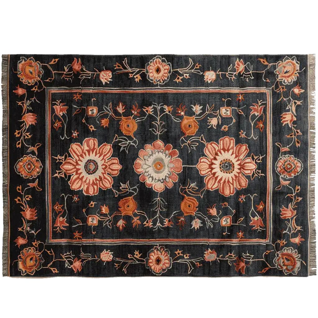 A beautifully crafted area rug featuring a striking floral pattern in warm hues on a dark background. This wool rug, perfect for adding elegance to any living room, measures 8x10 feet, showcasing intricate hand-knotted details.