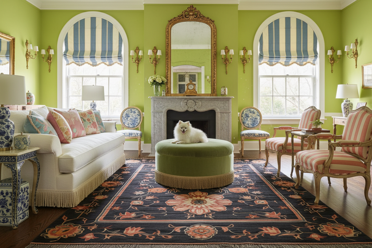 Living room with green walls, floral knotted rug, a white sofa, and decorative elements.