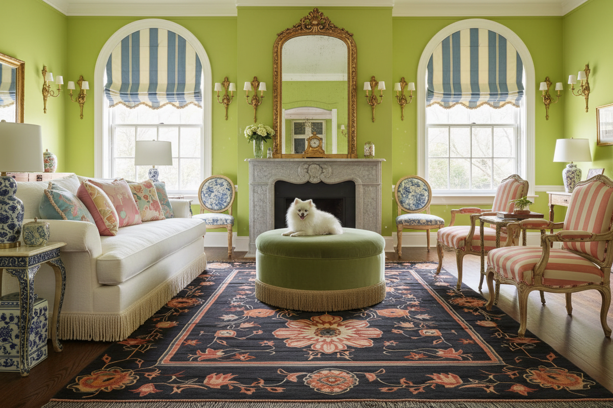 Living room with green walls, floral knotted rug, a white sofa, and decorative elements.
