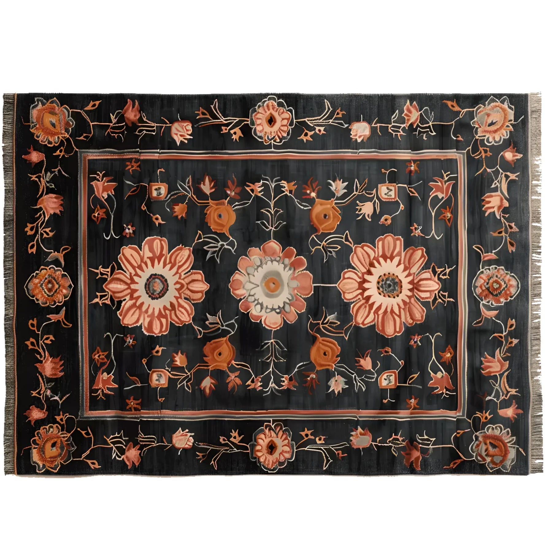 A beautifully crafted area rug featuring a striking floral pattern in warm hues on a dark background. This wool rug, perfect for adding elegance to any living room, measures 8x10 feet, showcasing intricate hand-knotted details.