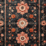 A beautifully designed area rug featuring a striking obsidian background adorned with intricate floral patterns in shades of red and orange. This hand-knotted wool rug is perfect for adding elegance to any living room space, especially in an 8x10 setting.