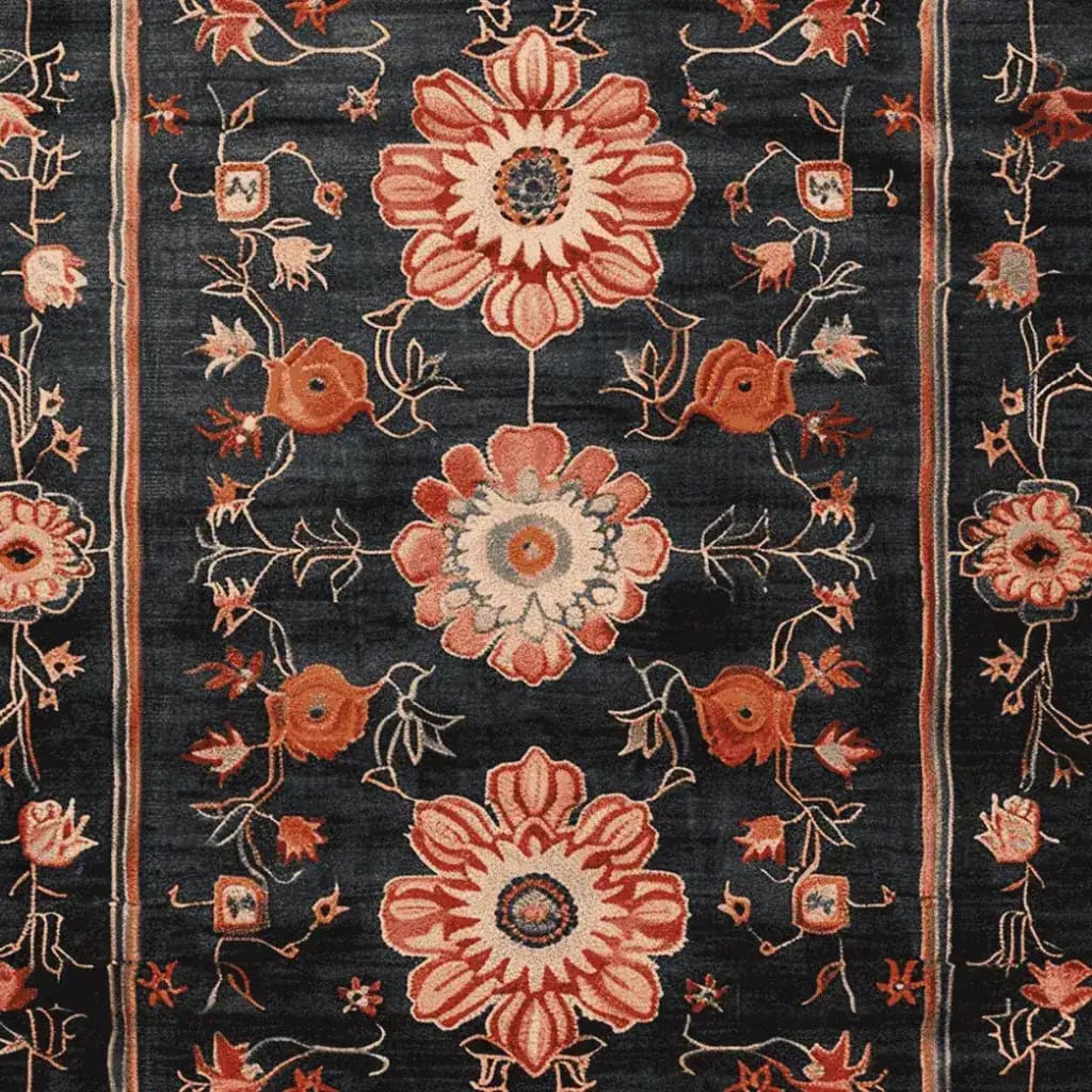 A beautifully designed area rug featuring a striking obsidian background adorned with intricate floral patterns in shades of red and orange. This hand-knotted wool rug is perfect for adding elegance to any living room space, especially in an 8x10 setting.