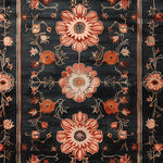 A beautifully designed area rug featuring a striking obsidian background adorned with intricate floral patterns in shades of red and orange. This hand-knotted wool rug is perfect for adding elegance to any living room space, especially in an 8x10 setting.