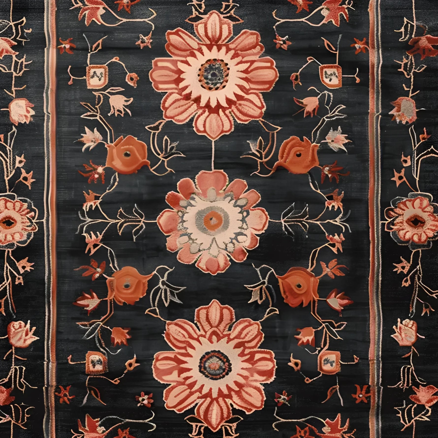 A beautifully designed area rug featuring a striking obsidian background adorned with intricate floral patterns in shades of red and orange. This hand-knotted wool rug is perfect for adding elegance to any living room space, especially in an 8x10 setting.