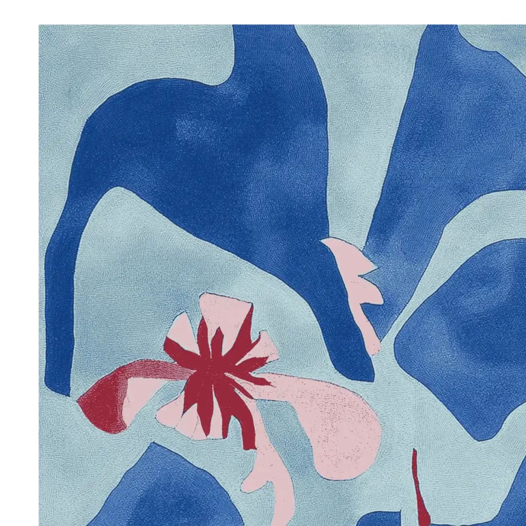 This contemporary Ocean Bloom Dance Hand Tufted Area Rug features an abstract floral design in vibrant blue and red hues. Perfect for adding a splash of color to your living room, this wool rug is ideal as a centerpiece among living room area rugs. Sized 8x10, it enhances the modern aesthetic of any space.