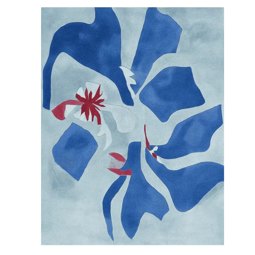 Top view of the Ocean Bloom Dance Hand Tufted Rug, showcasing an abstract design in blue and red tones. This contemporary wool rug is perfect for adding a stylish touch to living room area rugs, available in an 8x10 size.