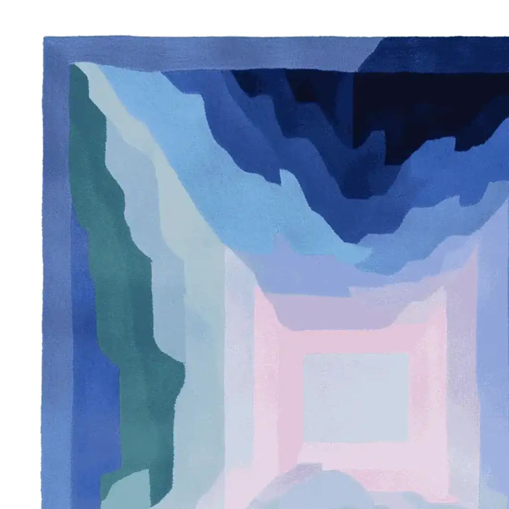 Top view of the Ocean Shadow Portal Hand Tufted Rug, a contemporary area rug featuring a captivating abstract design with shades of blue and pink. This wool rug is perfect for adding a touch of modern elegance to any living room. Ideal for an 8x10 space, it's one of the standout rugs for living room decor.