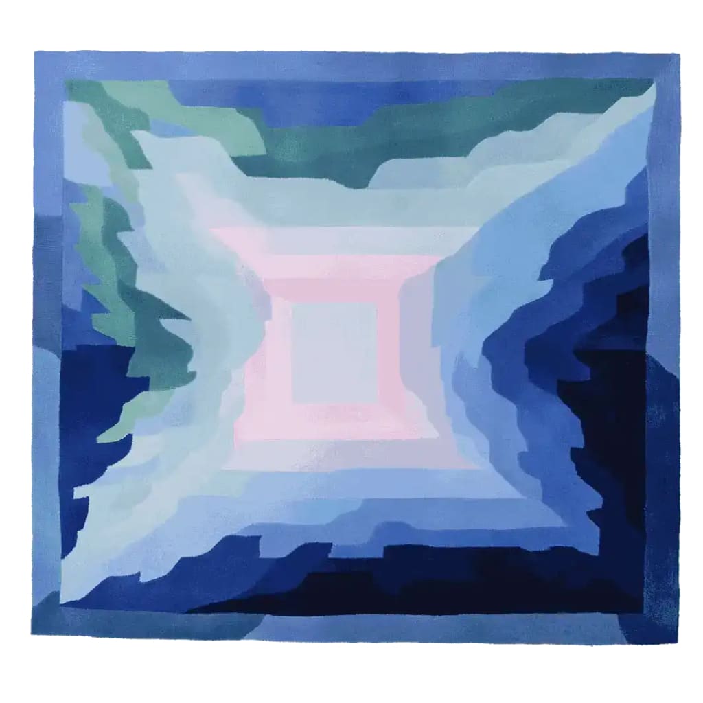 A stunning area rug featuring a contemporary design with layers of blue and green shades, creating a shadowy portal effect. Perfect as a wool rug for your living room, this 8x10 rug adds a modern touch to any space.