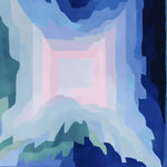 Top view of the Ocean Shadow Portal Hand Tufted Rug, a contemporary area rug featuring an abstract design with layered shades of blue, green, and pink. This wool rug is perfect for adding a modern touch to living rooms, especially in an 8x10 size.