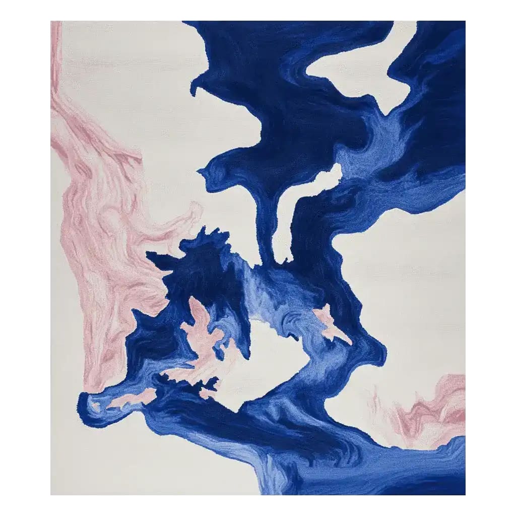 Top view of the Ocean Vein Hand Tufted Area Rug, showcasing a contemporary abstract design in deep blue and soft pink swirls. This wool rug adds a modern touch to any living room, perfect for those seeking stylish area rugs for living room spaces.