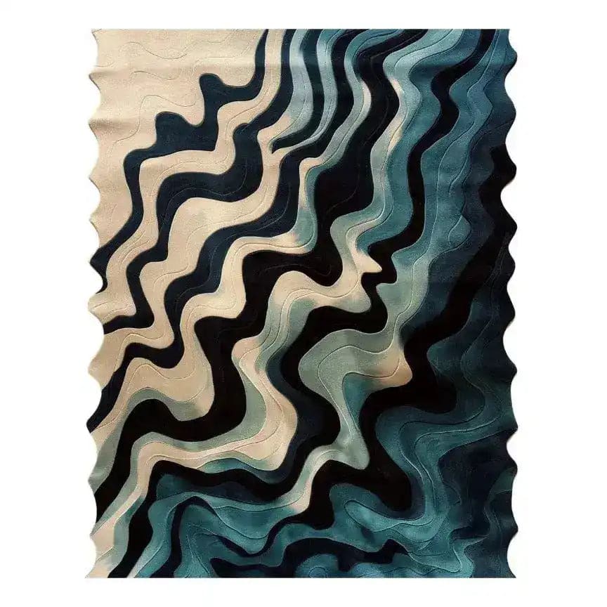 An Ocean Waves wool hand-tufted area rug showcasing an elegant blend of swirling blue and beige patterns. Perfect for adding a touch of contemporary style to living rooms or bedrooms, this wool rug offers a plush texture and artistic design, making it an ideal choice for modern interiors looking for unique living room area rugs.