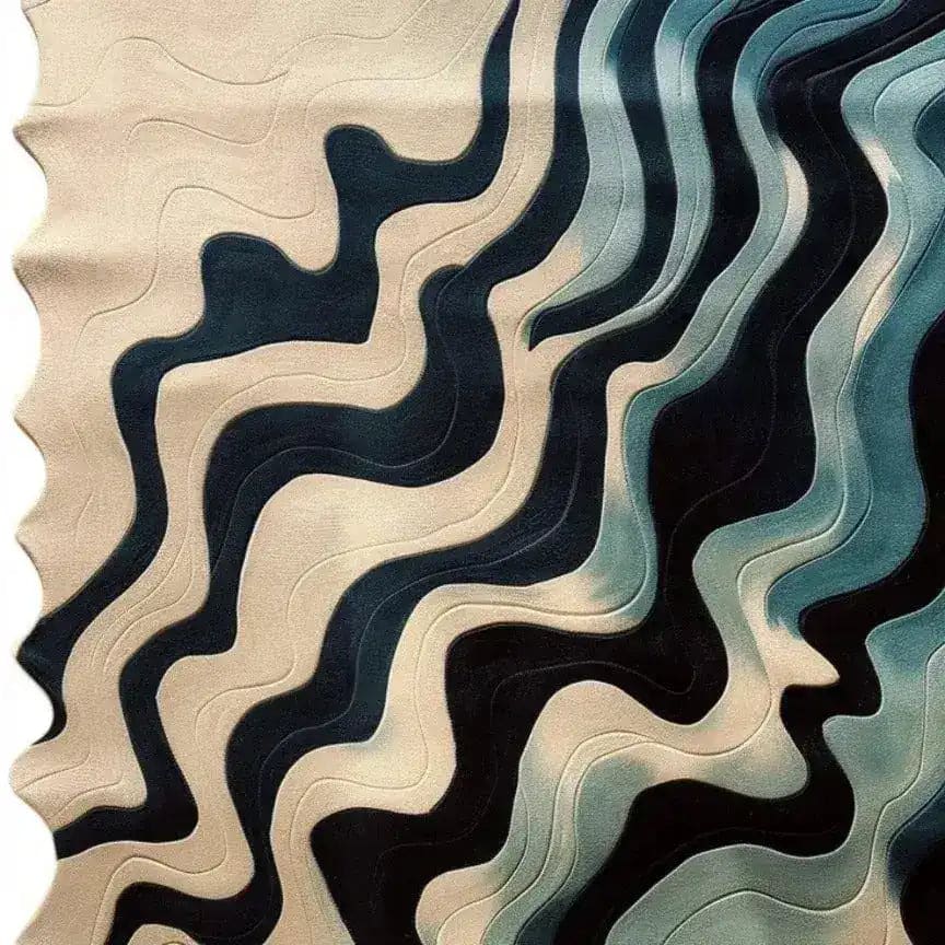 A contemporary hand-tufted wool rug with an abstract ocean wave pattern. This area rug features flowing curves and shades of blue and beige, perfect for adding a modern touch to living room or bedroom decor. Ideal for those seeking unique living room area rugs or wool rugs.