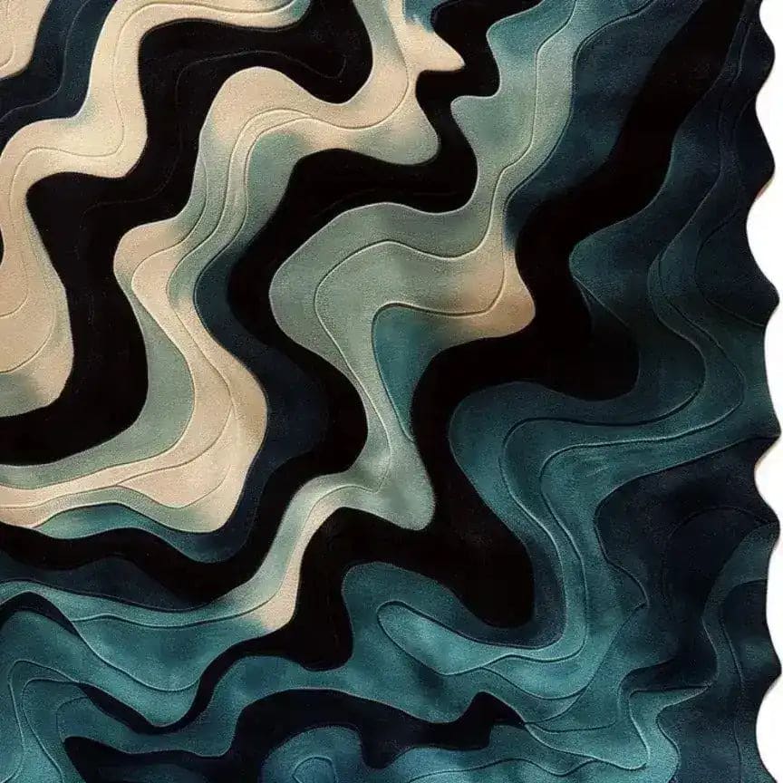 Top view of the Ocean Waves Hand Tufted Wool Rug, showcasing a stunning abstract design in shades of blue and cream. Perfect for adding a touch of modern elegance to living rooms or bedrooms, this contemporary wool rug is an ideal choice for those seeking unique living room area rugs.