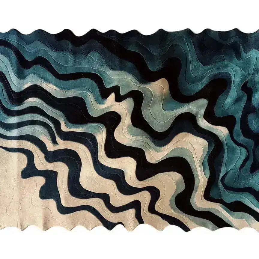 A stunning Ocean Waves wool hand-tufted area rug showcasing an abstract design in shades of blue and cream. Perfect for contemporary living room area rugs, this wool rug adds a touch of elegance and modernity to any bedroom or living room setting.