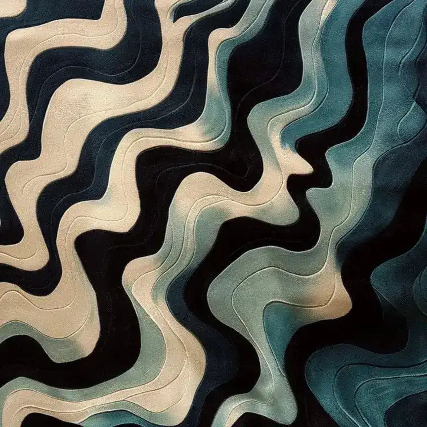 A close-up view of the Ocean Waves wool hand-tufted area rug, featuring a contemporary abstract design with flowing blue and beige patterns. Perfect for adding a touch of elegance to living rooms or bedrooms, this wool rug is an ideal choice for those seeking stylish living room area rugs.