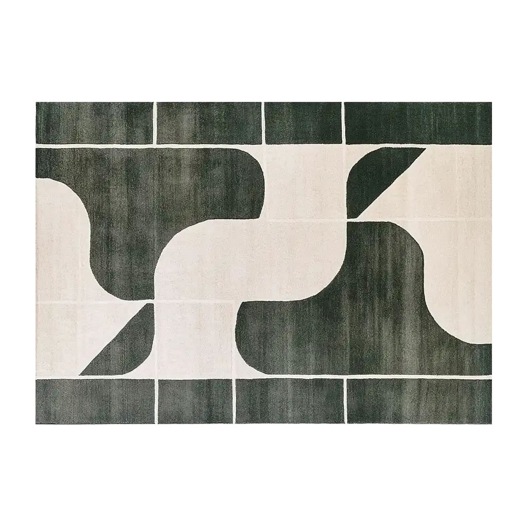 Modern abstract design of the Oceanic Drift Knotted Wool Rug, featuring a blend of dark and light tones. This area rug is perfect for enhancing the aesthetic of living room spaces. Ideal for those seeking stylish wool rugs and contemporary rugs for living rooms.