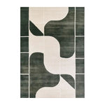 Top view of the Oceanic Drift Knotted Wool Rug, an elegant area rug featuring an abstract geometric design in dark green and cream tones. Perfect for enhancing the aesthetic of living room area rugs, this wool rug adds a modern touch to any space, ideal for those seeking sophisticated rugs for living room decor.
