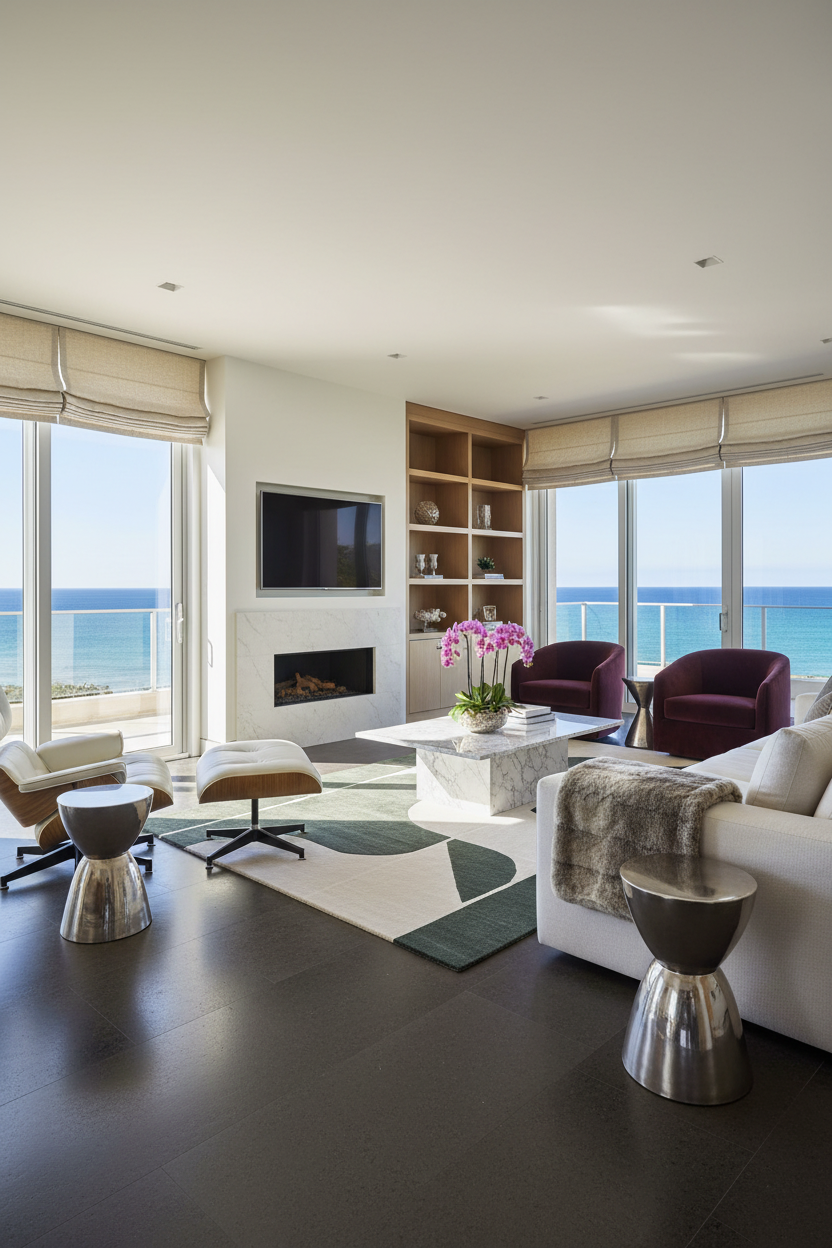 Modern living room with ocean view, furniture, green rug, and decor.