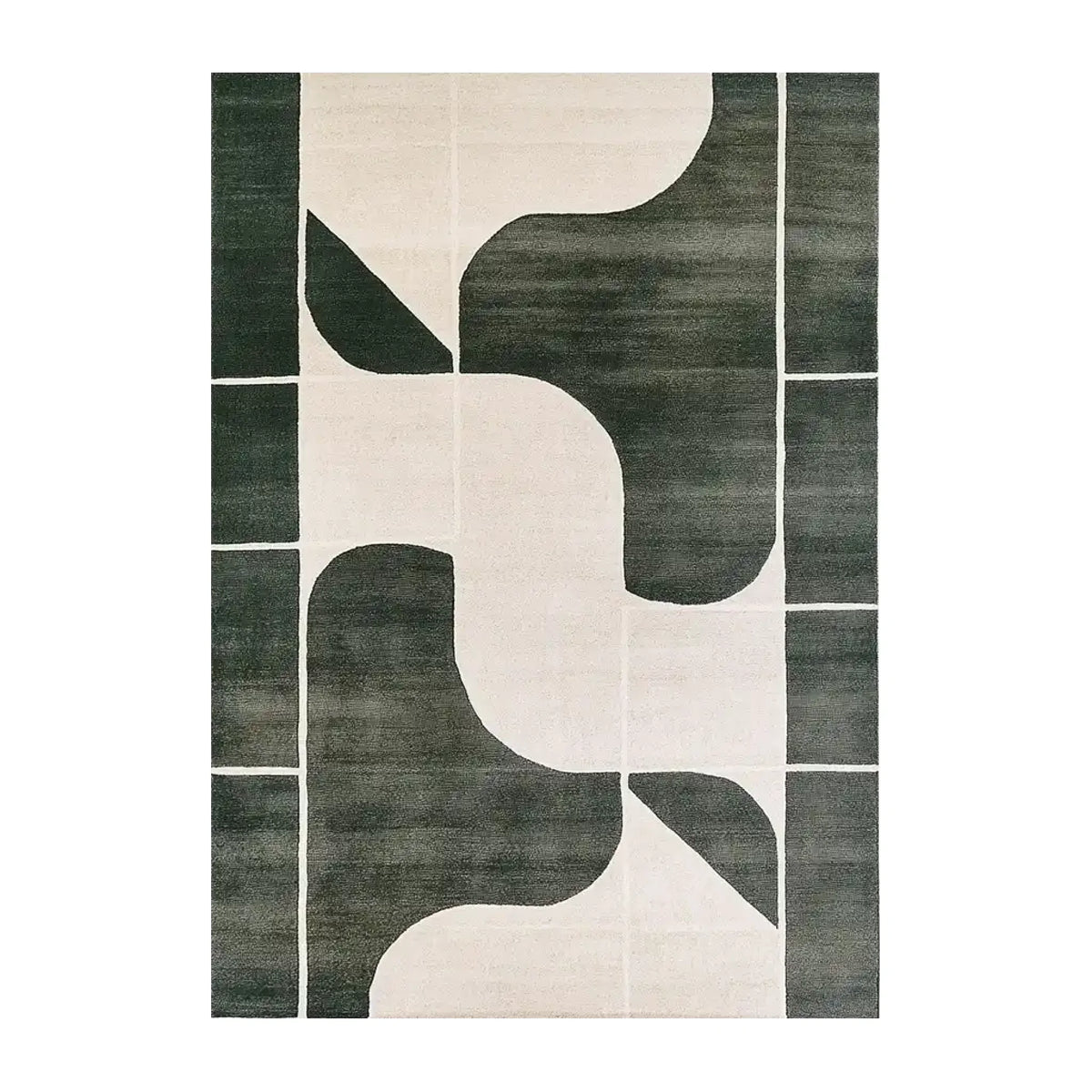 Top view of the Oceanic Drift Knotted Wool Rug, an elegant area rug featuring an abstract geometric design in dark green and cream tones. Perfect for enhancing the aesthetic of living room area rugs, this wool rug adds a modern touch to any space, ideal for those seeking sophisticated rugs for living room decor.