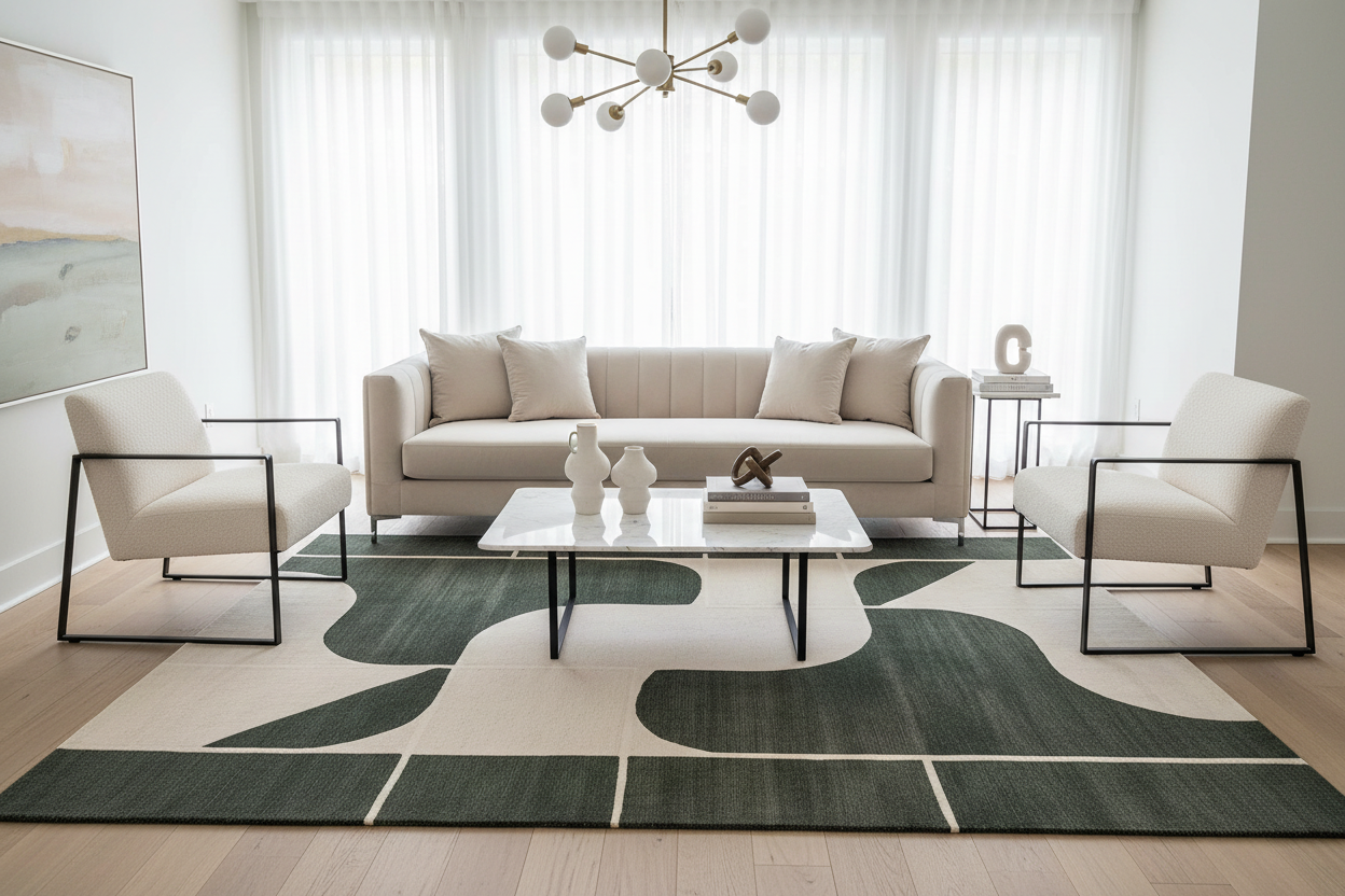 Modern living room with a beige and green rug, sofa, coffee table, and chairs on a patterned rug.