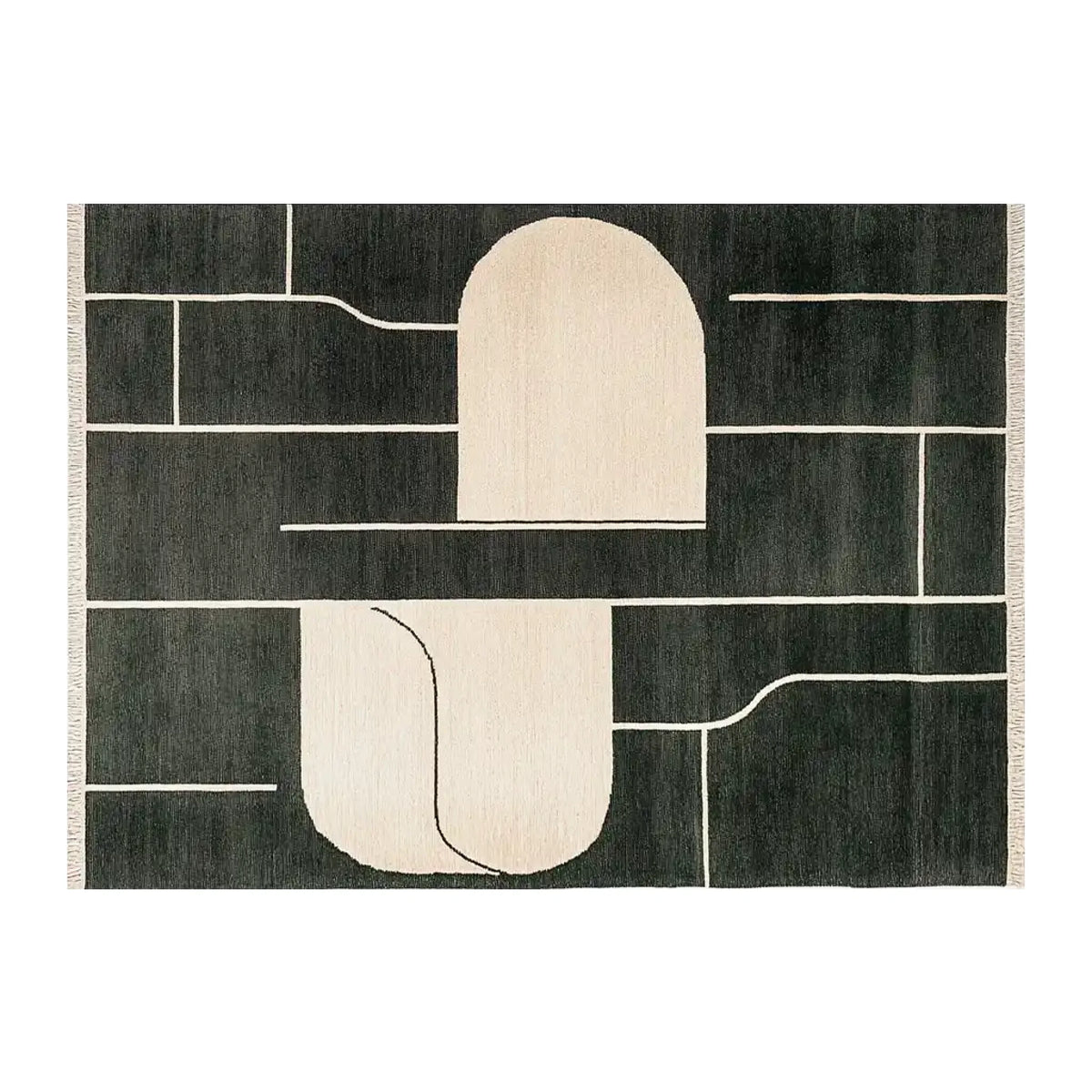 Top view of the Oceanic Wave Drift Knotted Wool Rug, a large contemporary area rug with abstract geometric patterns in beige and dark tones. This 8x10 wool rug is perfect for modern living room settings, offering a stylish and cozy touch.