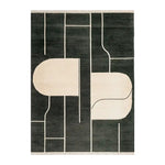 This image showcases the Oceanic Wave Drift Knotted Wool Rug, a contemporary area rug perfect for large living rooms. The rug features an abstract design in dark green and cream, offering a stylish addition to any space. Measuring 8x10, this wool rug combines modern aesthetics with comfort, making it an ideal choice for enhancing your living room's decor.