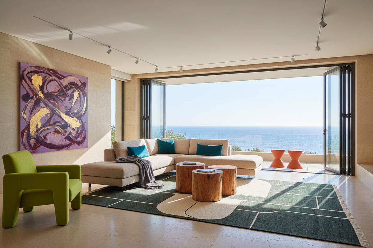 Modern living room with a large green rug,  window view of the ocean.