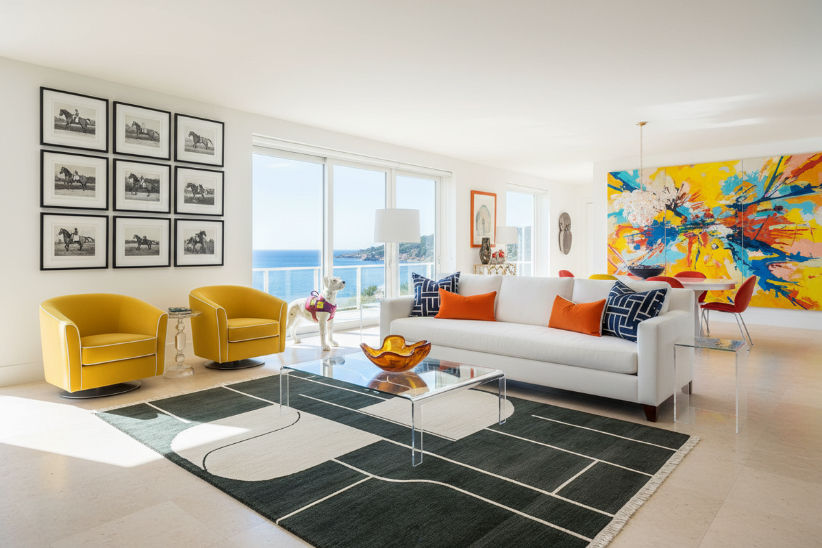 Modern living room with green rug, yellow chairs, white sofa, and colorful artwork.