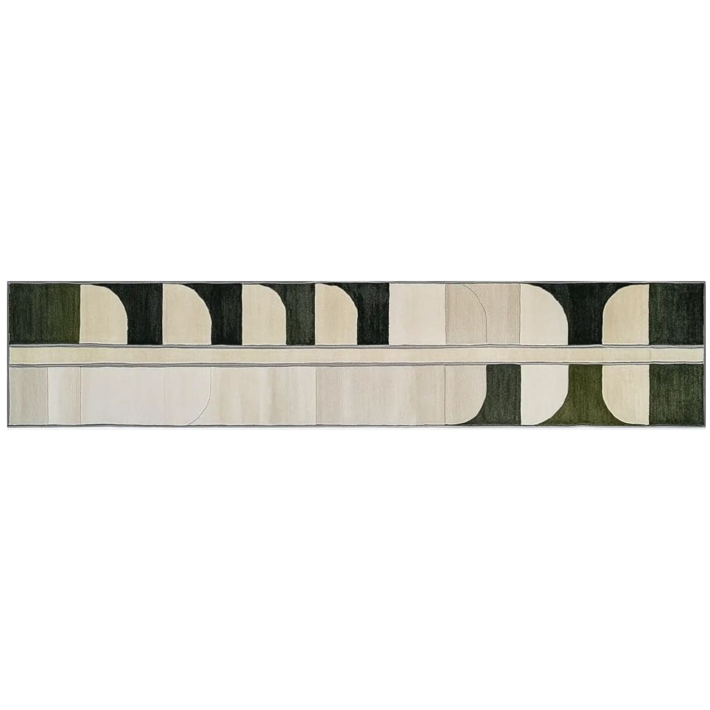 Top view of the Oceanic Whispers Hand Tufted Wool Rug showcasing a modern geometric design with shades of beige, green, and black. This runner rug is perfect for enhancing spaces like kitchens and hallways, adding a contemporary touch to your decor. Ideal as a kitchen runner rug or hallway runner rug, its wool texture brings warmth and style to any room, including bathrooms.