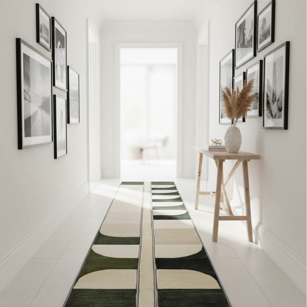 Long rectangular rug with geometric pattern on a white floor, hallway setting.