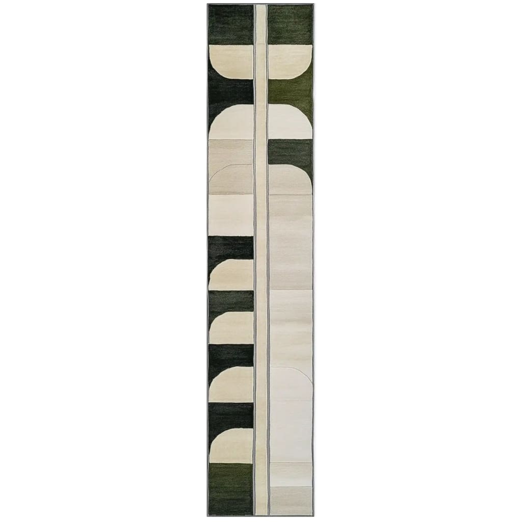 Top view of the Oceanic Whispers Hand Tufted Wool Runner Rug featuring a contemporary geometric design. Ideal for use as a kitchen rug, hallway runner rug, or bathroom runner rug, this elegant wool rug showcases a blend of earthy tones and abstract shapes.