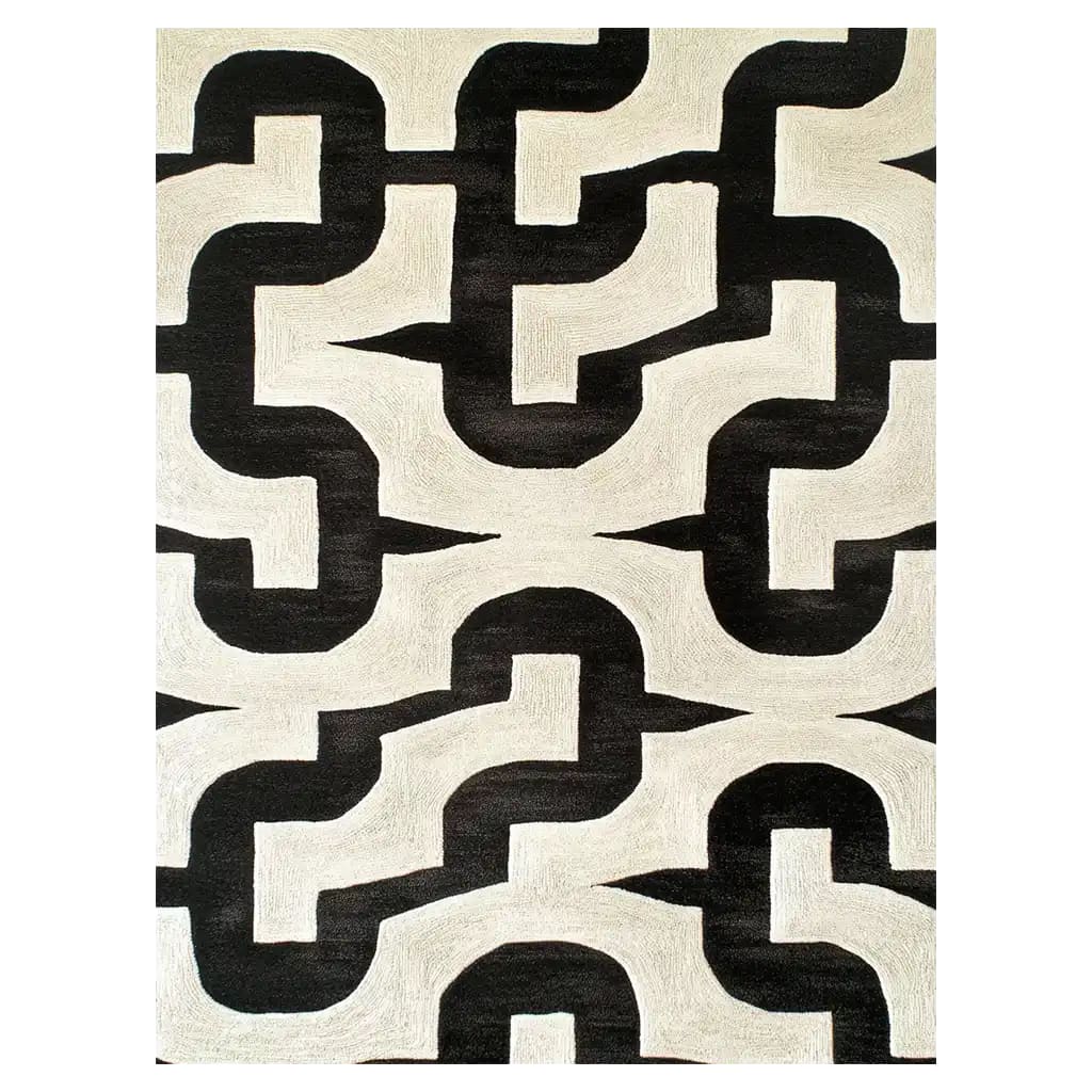 A contemporary hand tufted wool rug featuring an abstract black and white geometric pattern, perfect for modern living room decor. This area rug adds a stylish touch to any space, blending seamlessly with various interior designs.