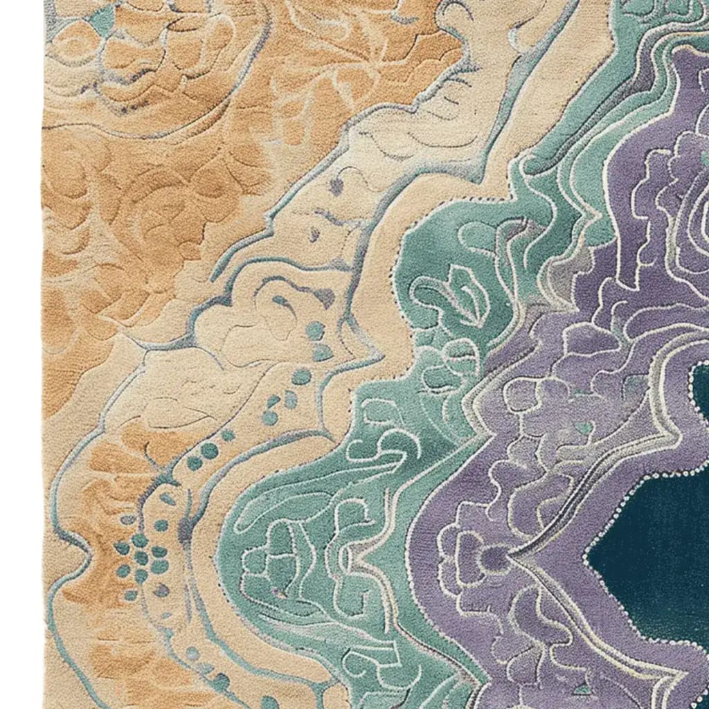 A beautiful top-view of Ocean's Embrace Hand Tufted Area Rug showcasing its intricate design. This wool rug features a vibrant abstract pattern with swirling colors of beige, teal, and purple, ideal for large living room rugs. Perfect for those seeking living room rugs 8x10 to enhance their space with elegance and style.
