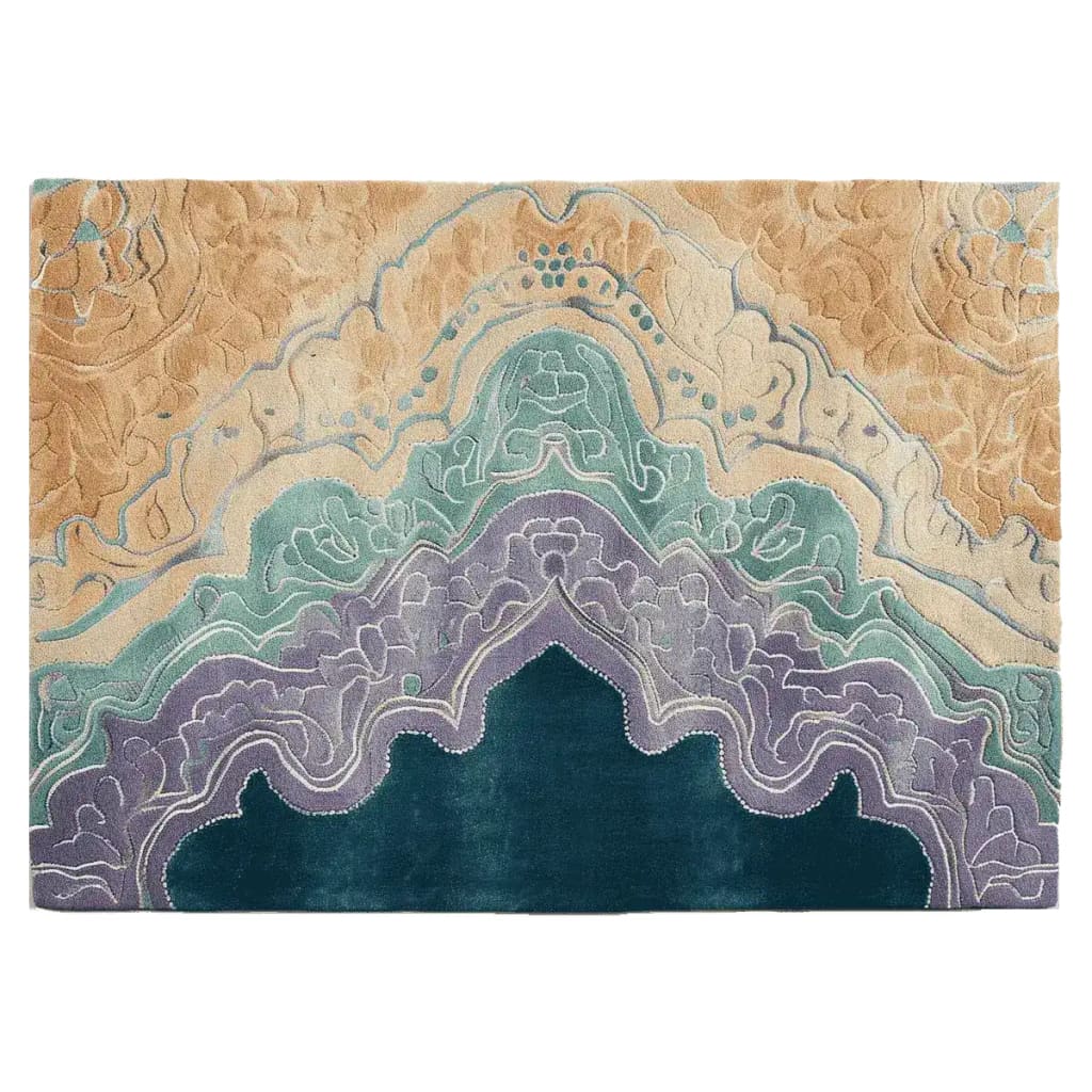 A beautifully designed Ocean's Embrace hand tufted area rug, showcasing an abstract pattern in shades of teal, purple, and beige. This wool rug is perfect for large living rooms, available in an 8x10 size, adding a touch of elegance and warmth to your space.
