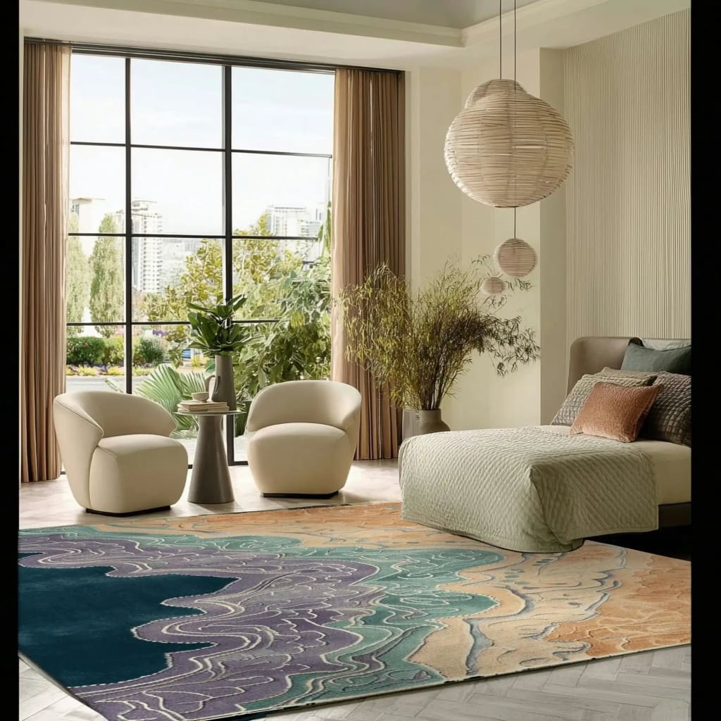 Beautiful area rug in a modern living room setting, featuring an Ocean's Embrace Hand Tufted design. This wool rug showcases vibrant colors and abstract patterns, perfect for large living room rugs. The spacious room, with its large windows and cozy seating, highlights the living room rug sized 8x10, adding warmth and style.