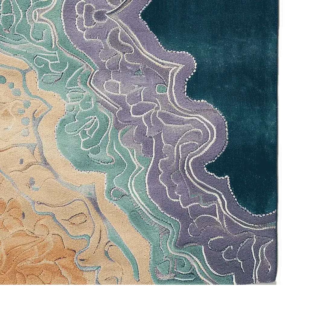 A beautifully designed area rug showcasing an abstract ocean-inspired pattern. This hand-tufted wool rug features vibrant shades of teal, purple, and sandy beige, perfect for adding a touch of elegance to large living rooms. Ideal as a living room rug 8x10, its intricate detailing and plush texture enhance any space.