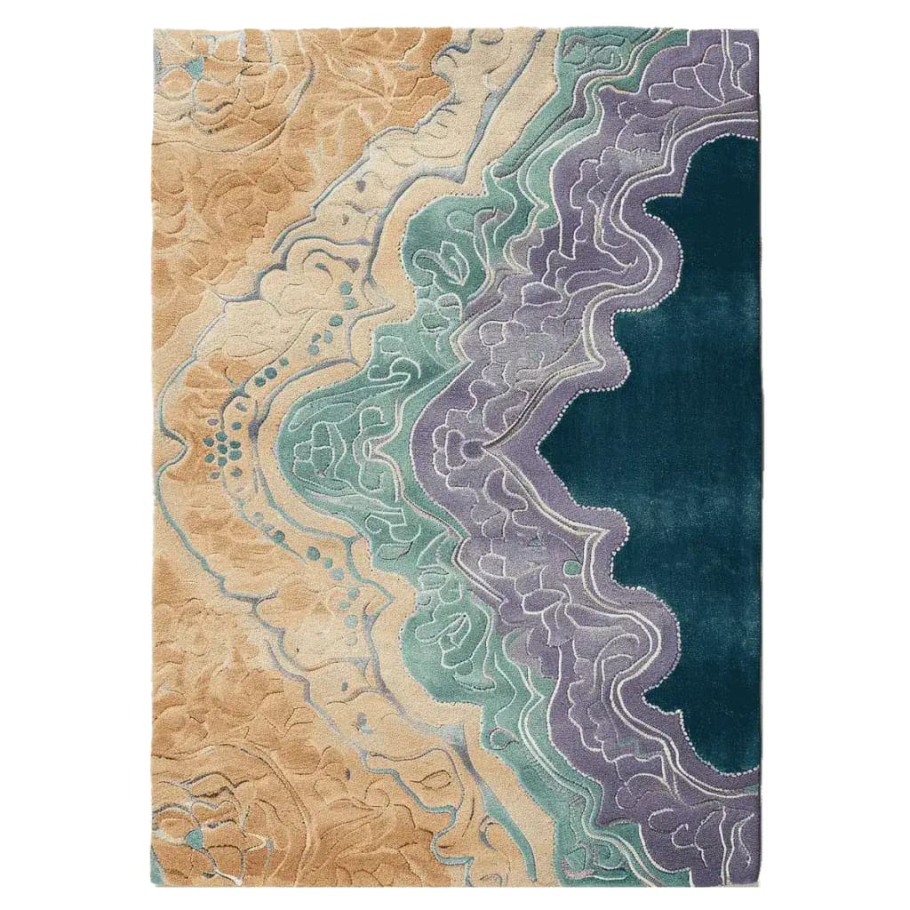 Beautiful Ocean's Embrace Hand Tufted Area Rug featuring a vibrant, wave-like design in shades of blue, purple, and beige. Perfect as a wool rug for large living rooms, this 8x10 rug adds an artistic touch to any space.