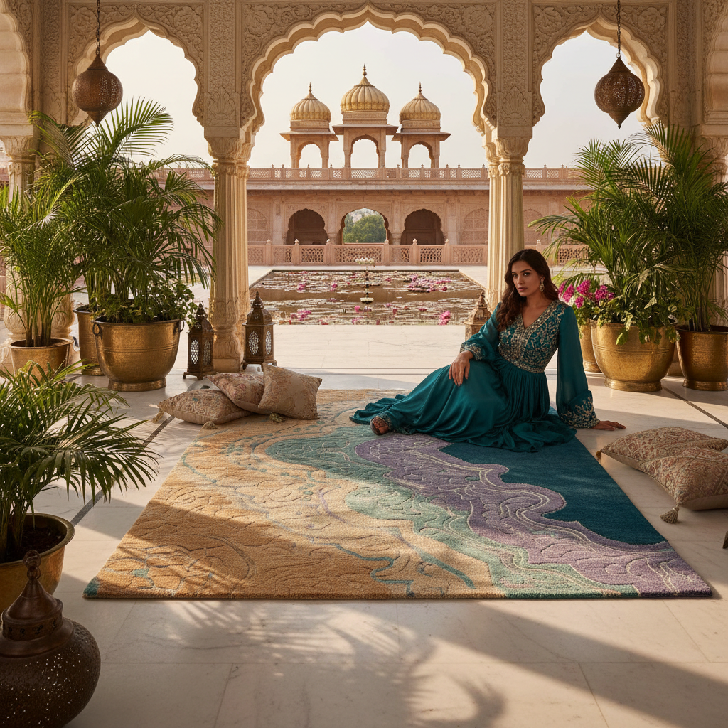 Woman in a blue dress sitting on a patterned rug in an ornate courtyard with domed buildings.