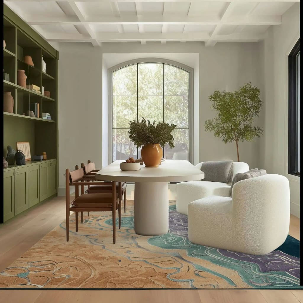 A stylish area rug titled 'Ocean's Embrace Hand Tufted Rug' is showcased in a modern living room setting. This wool rug features a captivating blend of oceanic colors and abstract patterns, perfect for large living room spaces. The rug's 8x10 size complements the contemporary furniture and serene decor elements, creating a harmonious and inviting atmosphere.