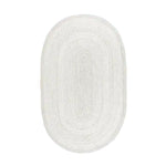Off White Oval Braided Jute Rug, a versatile area rug perfect for a living room or dining room. This boho rug features a simple yet elegant design, making it an ideal choice for formal dining room settings and cozy living areas.