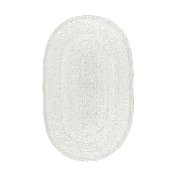 Off White Oval Braided Jute Rug, a versatile area rug perfect for a living room or dining room. This boho rug features a simple yet elegant design, making it an ideal choice for formal dining room settings and cozy living areas.