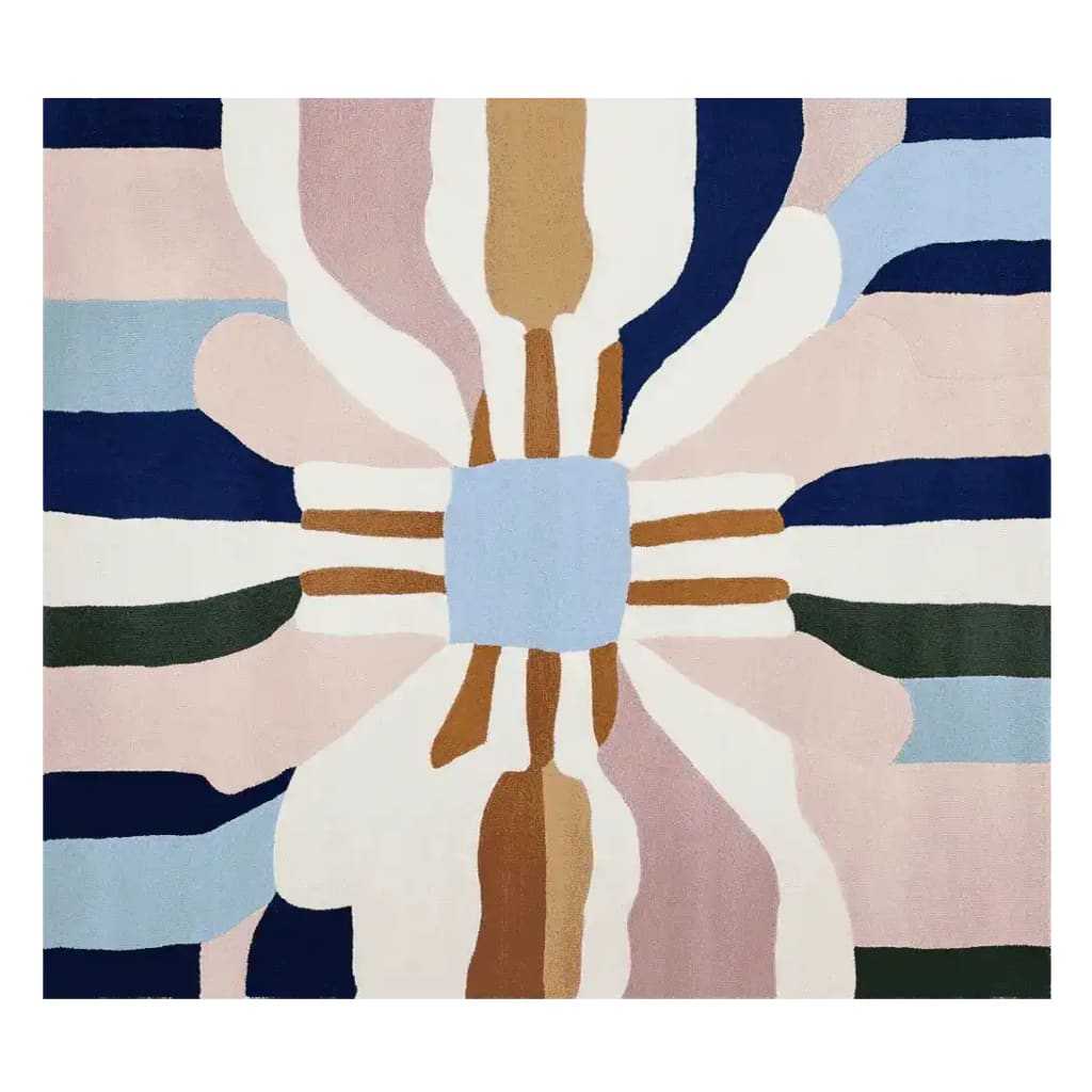 This striking Offset Canvas Fragment Hand Tufted Area Rug features an abstract design with bold geometric shapes in soft pastel colors and deep blues, perfect for a contemporary living room. Made from premium wool, this contemporary rug adds a touch of modern elegance to any space, making it an ideal choice for area rugs in the living room.